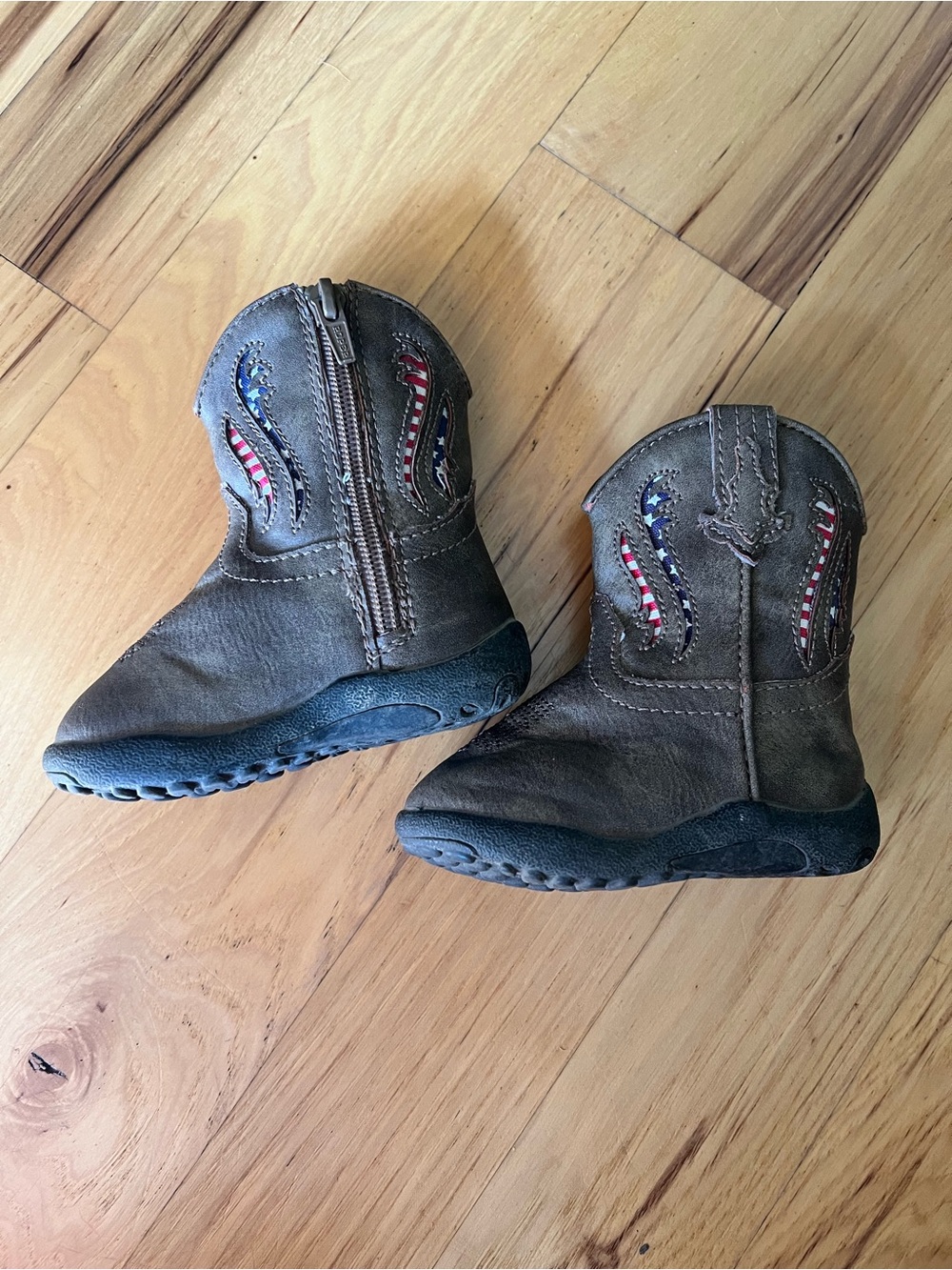 Kids Roper Brown Western Zip-Up Boots with Flag Stitching